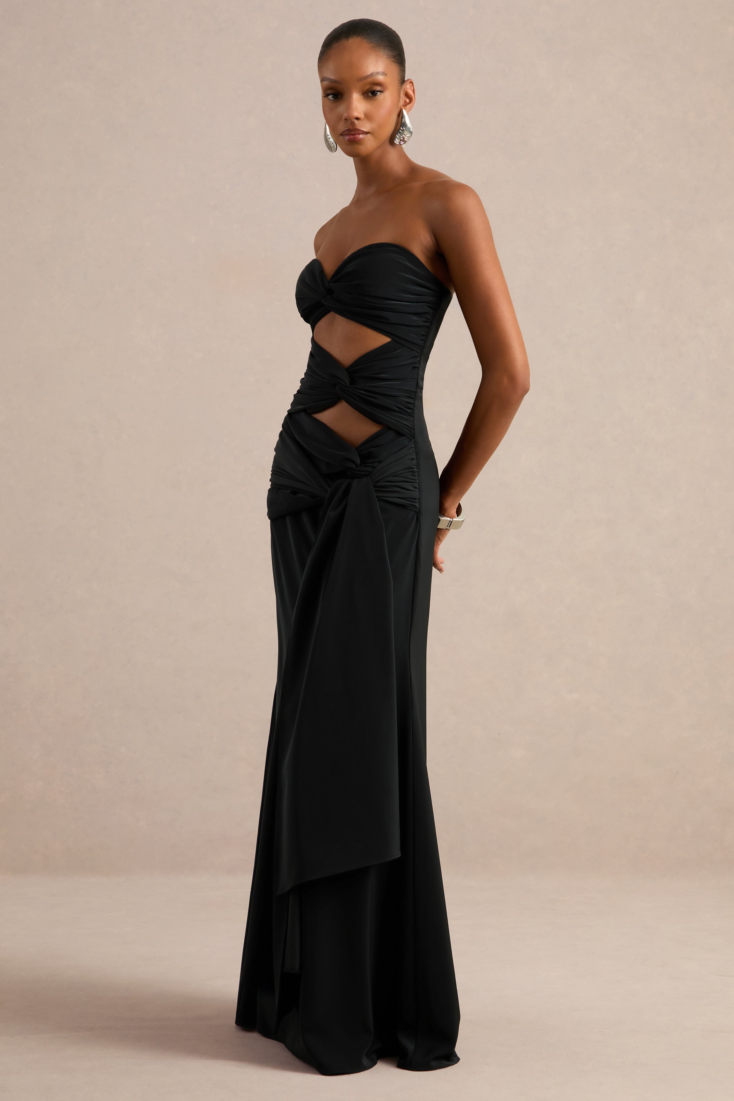 Alinae | Black Satin Bandeau-Neck Maxi Dress With Body Cut-Outs