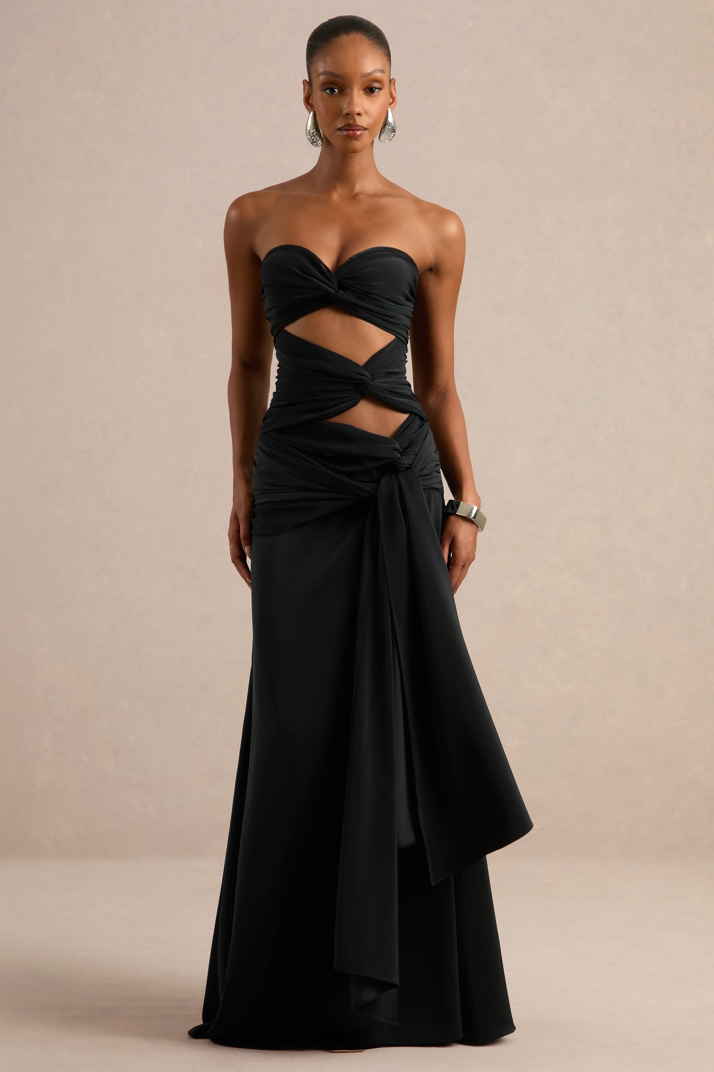 Alinae | Black Satin Bandeau-Neck Maxi Dress With Body Cut-Outs