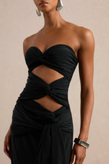 Alinae | Black Satin Bandeau-Neck Maxi Dress With Body Cut-Outs