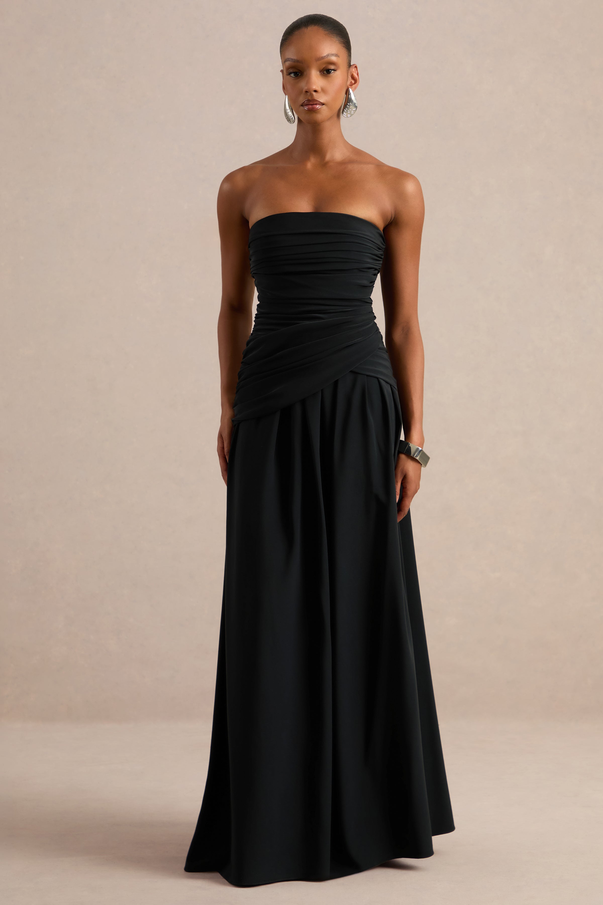 Alvilda | Black Satin Maxi Dress With Draped Detailing