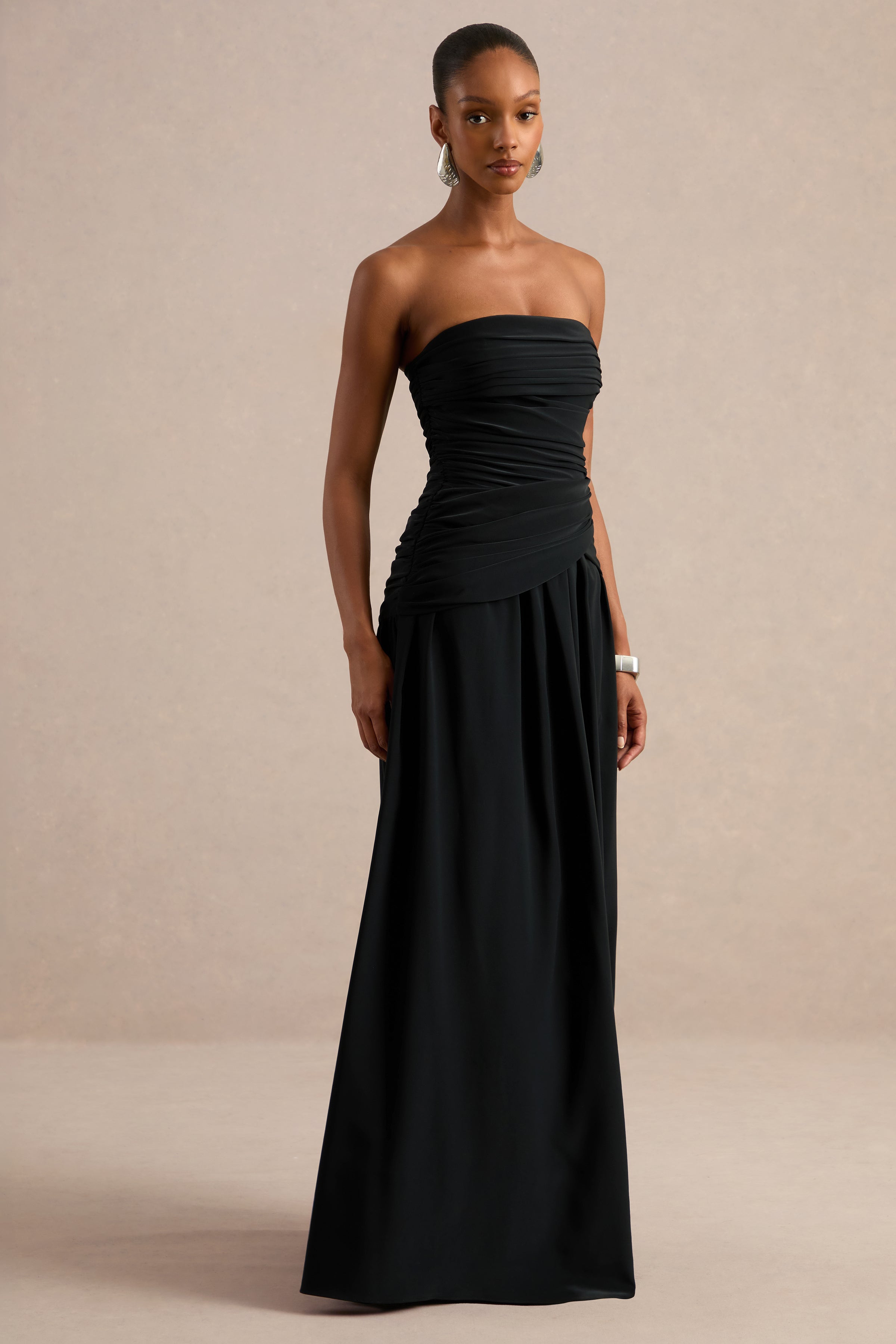 Alvilda | Black Satin Maxi Dress With Draped Detailing