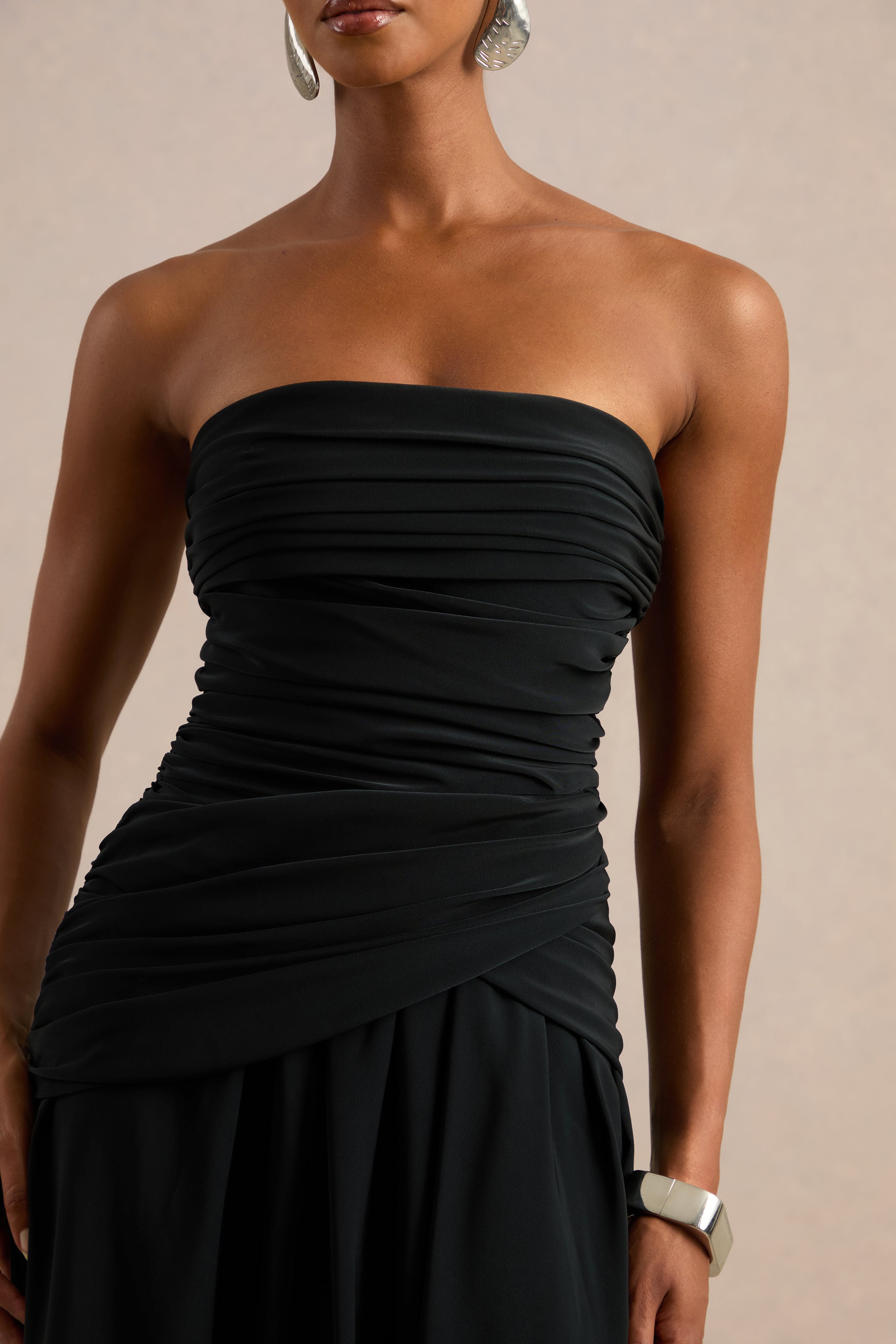 Alvilda | Black Satin Maxi Dress With Draped Detailing