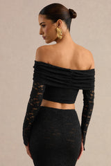 Ivana | Black Lace Bardot-Neck Crop-Top