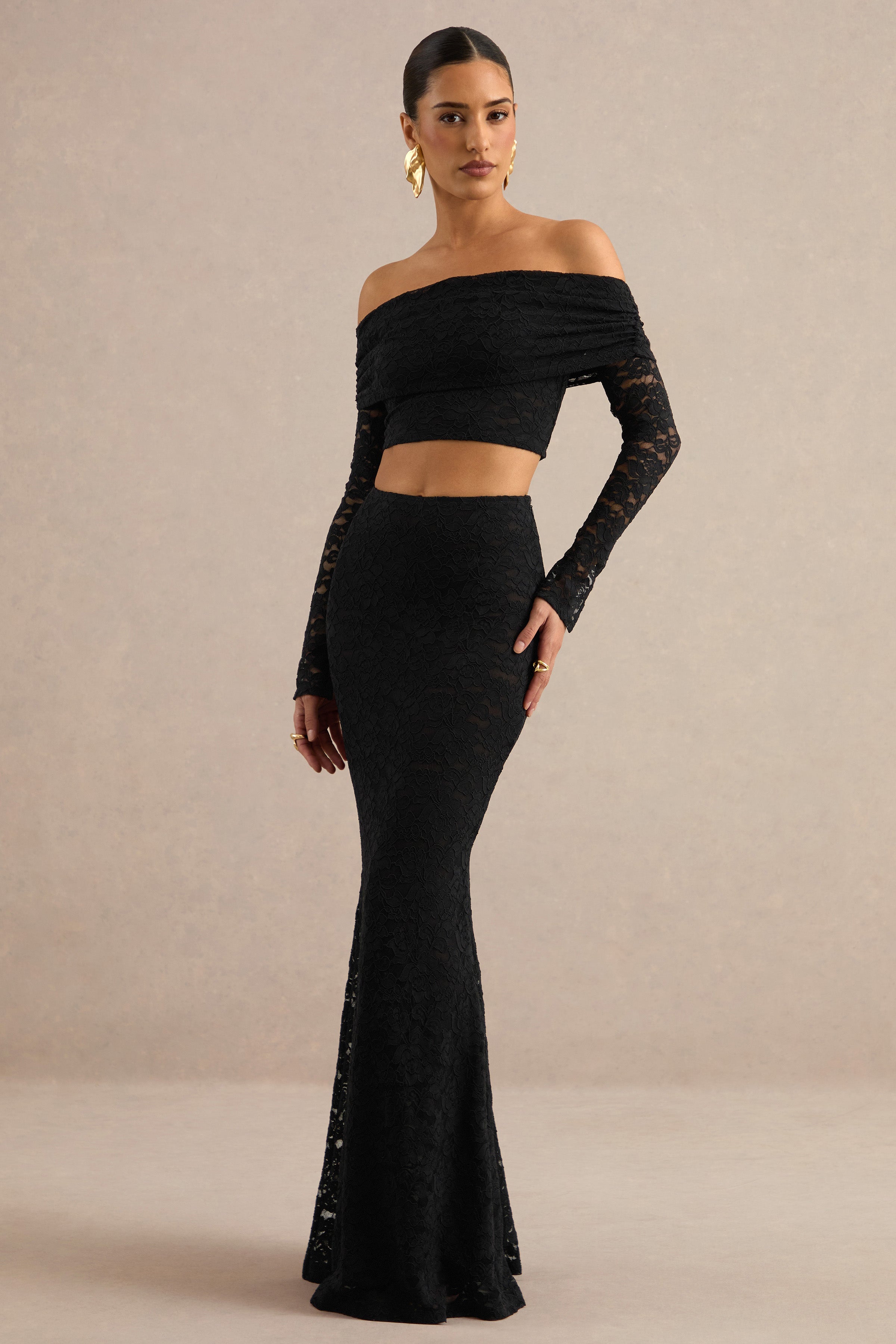 Ivana | Black Lace Bardot-Neck Crop-Top