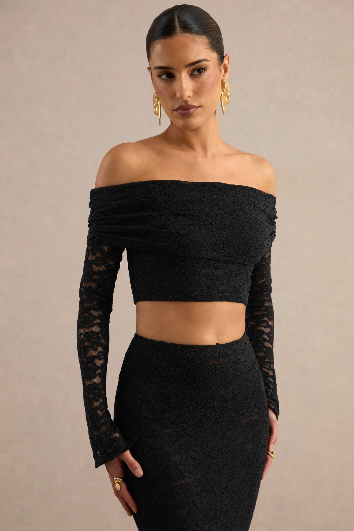 Ivana | Black Lace Bardot-Neck Crop-Top