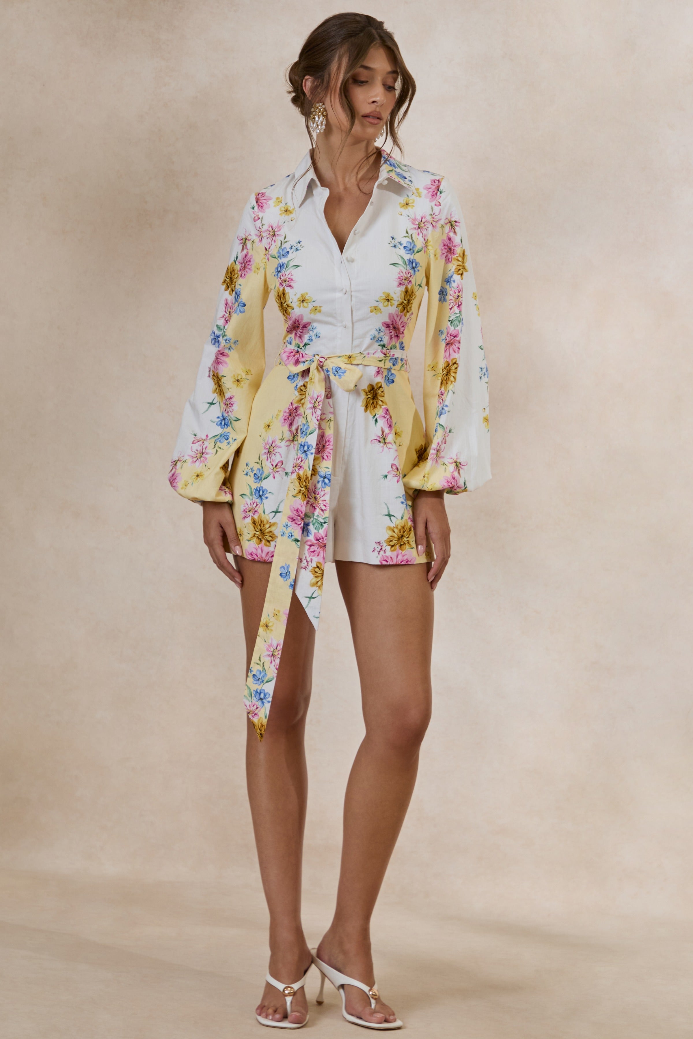 Mariposa | Lemon Floral Round-Neck Tailored Romper