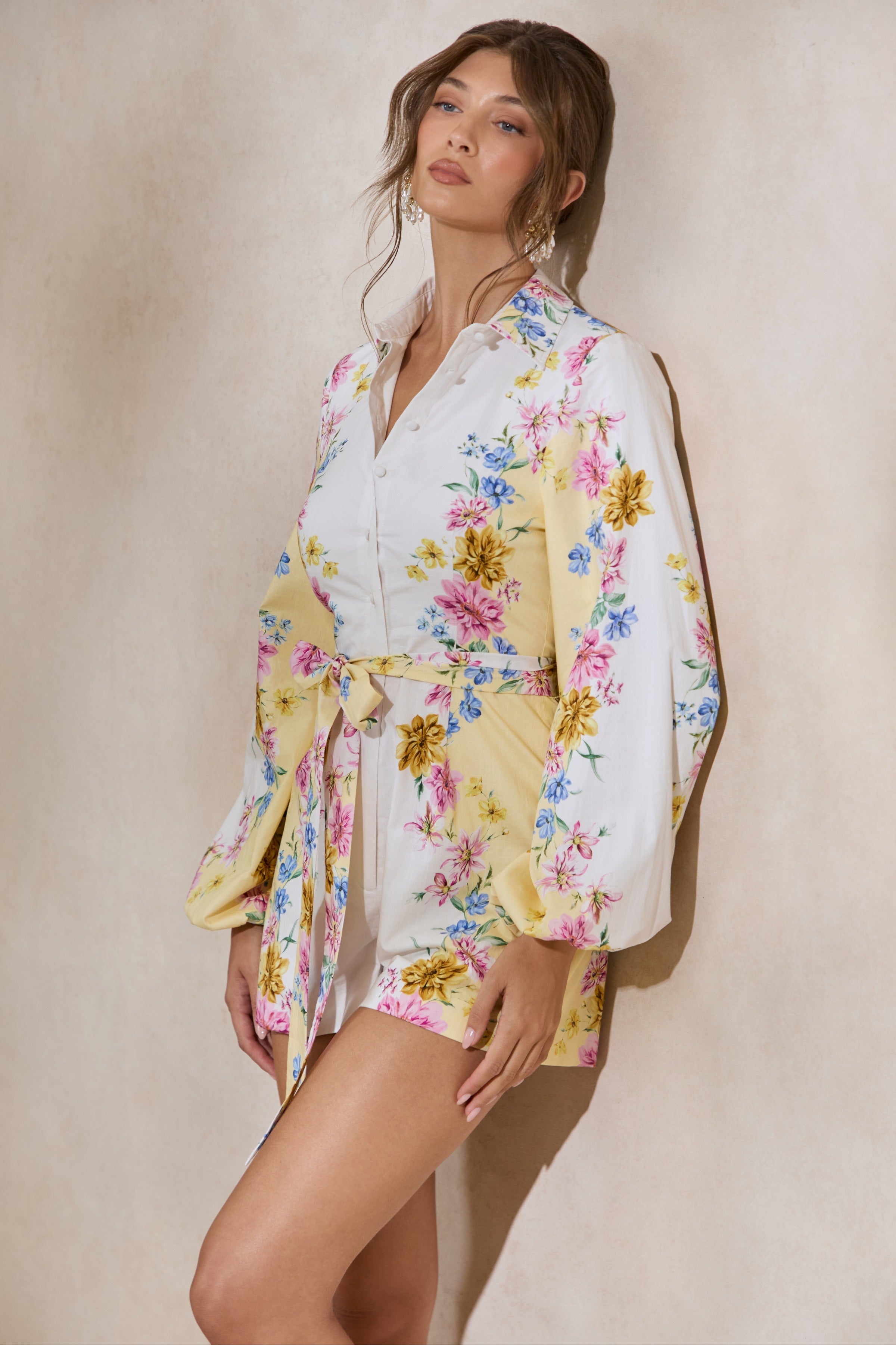 Mariposa | Lemon Floral Round-Neck Tailored Romper