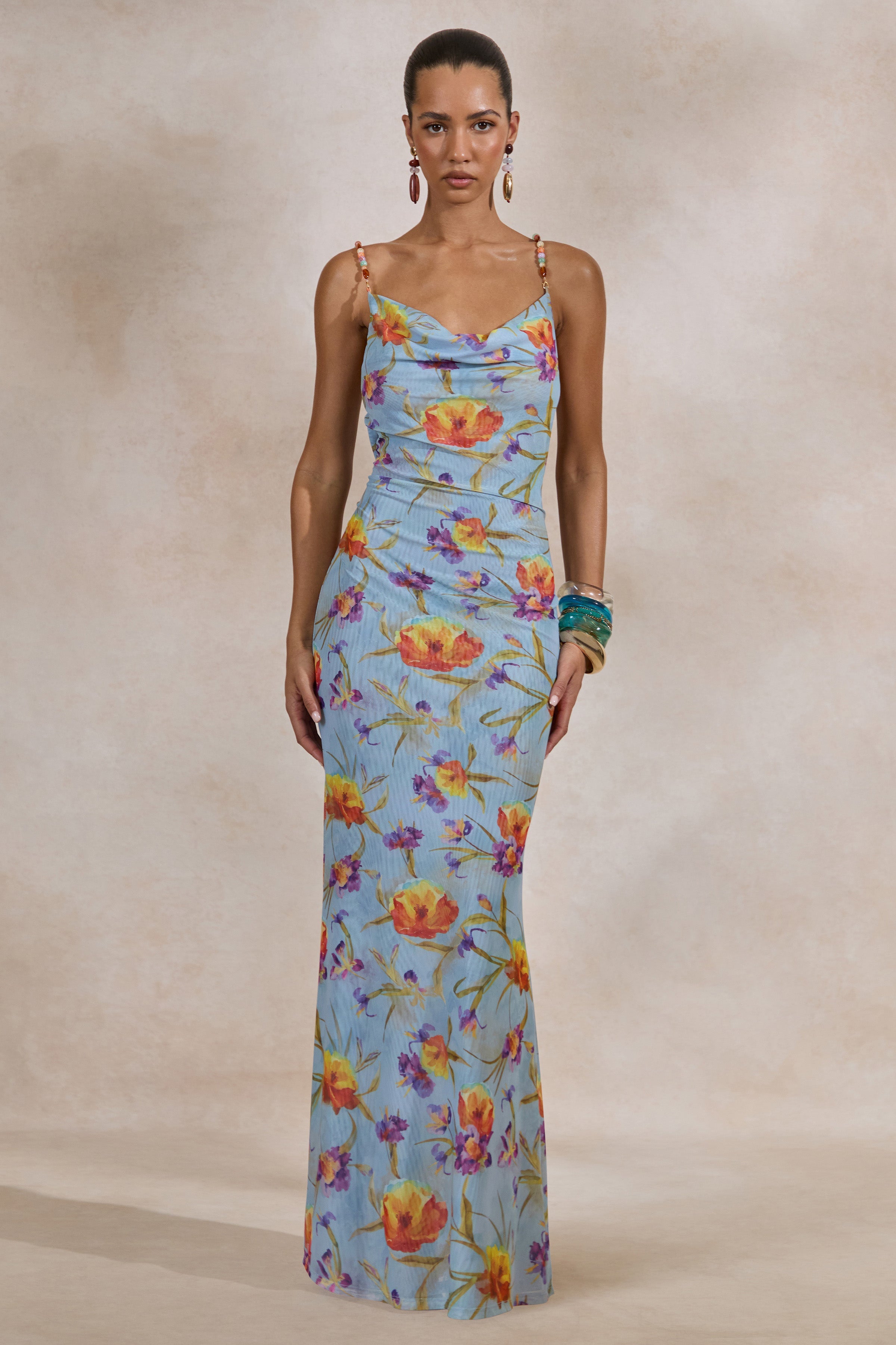 Raisa | Blue Floral Mesh Cowl-Neck Maxi Dress