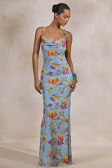 Raisa | Blue Floral Mesh Cowl-Neck Maxi Dress
