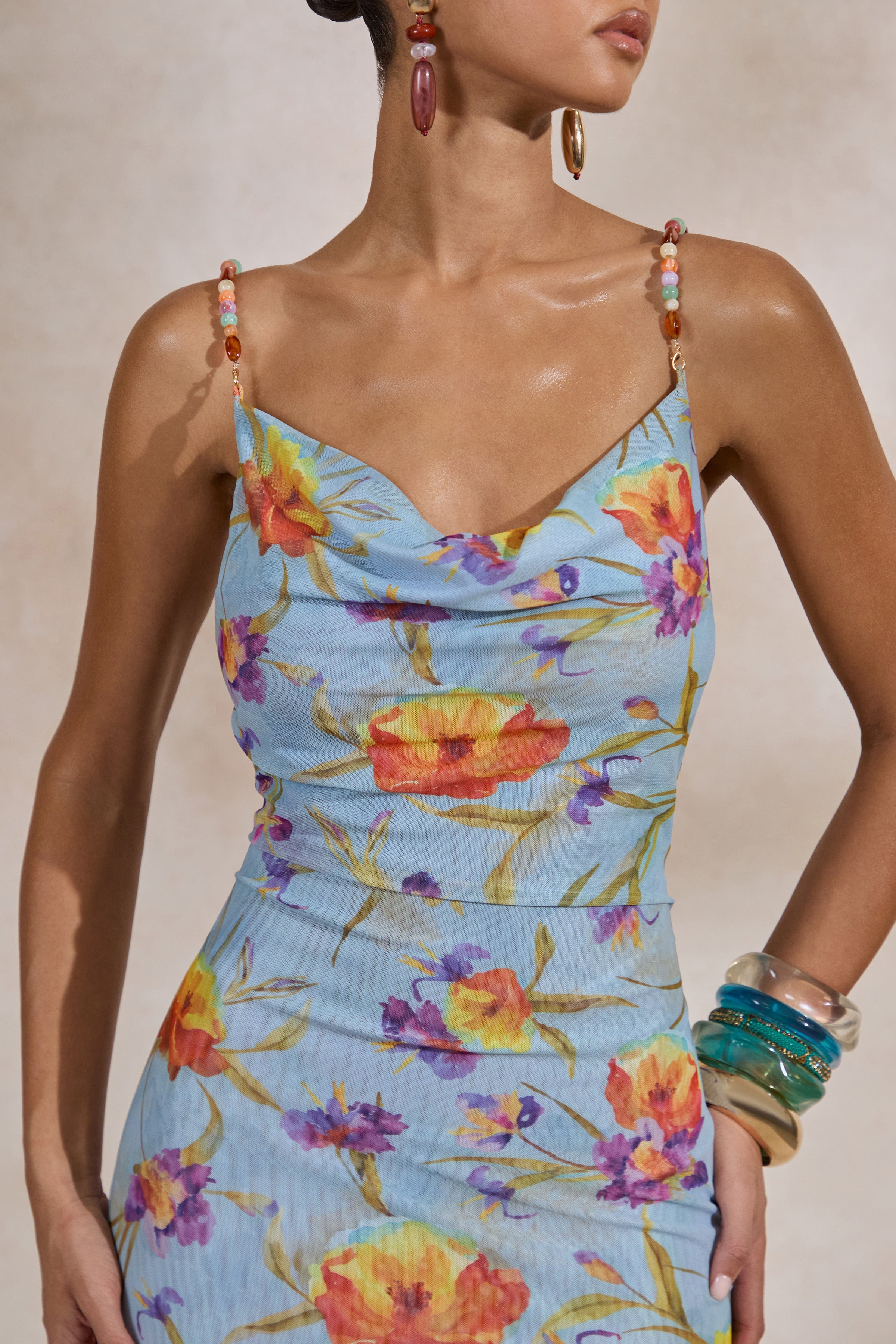 Raisa | Blue Floral Mesh Cowl-Neck Maxi Dress