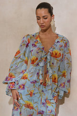 Alveta | Blue Floral Chiffon Sheer V-Neck Top With Ruffled Detailing