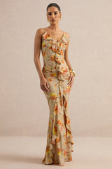 Amali | Orange Floral V-Neck Maxi Dress With Ruffled Detailing