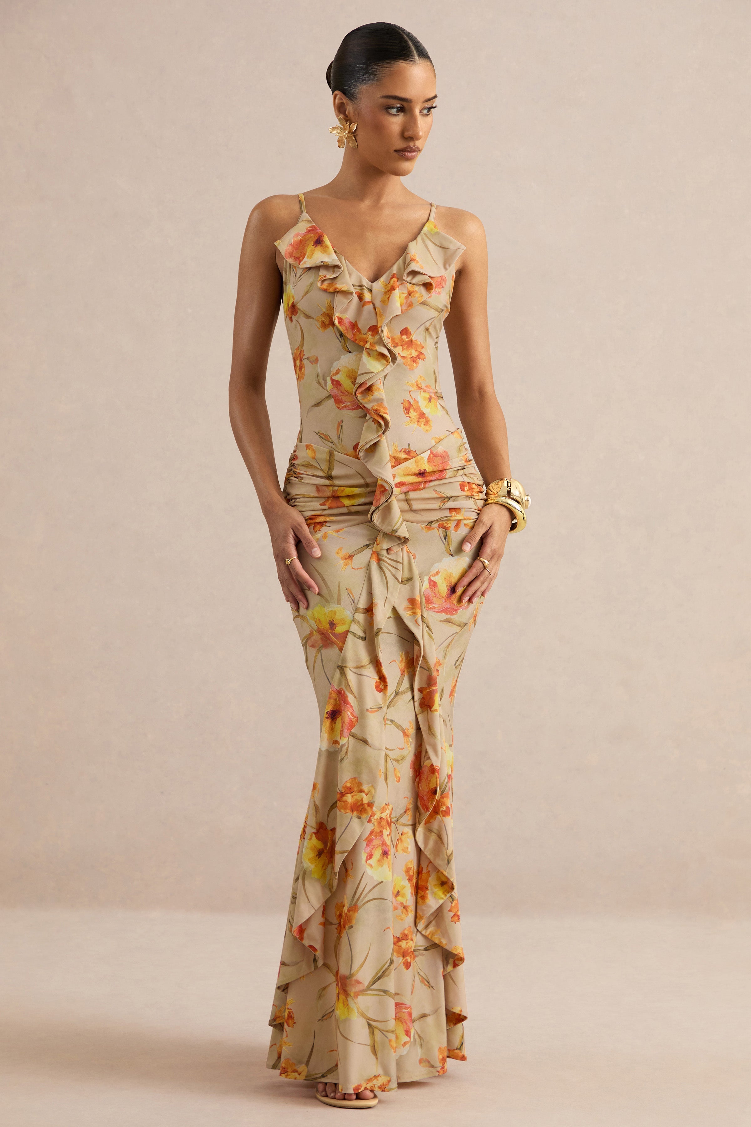 Amali | Orange Floral V-Neck Maxi Dress With Ruffled Detailing