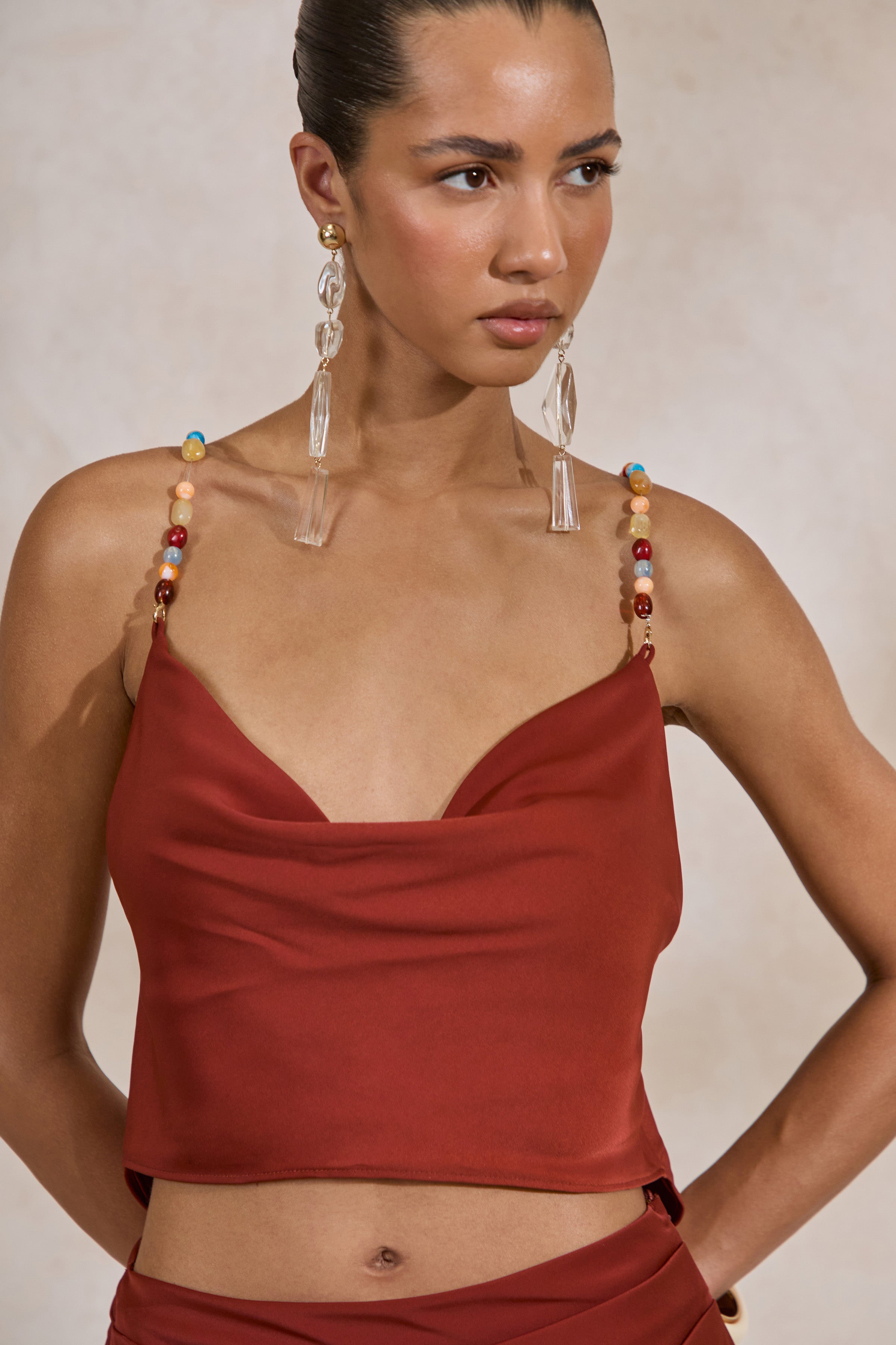 Anina | Rust Satin Cowl-Neck Crop-Top