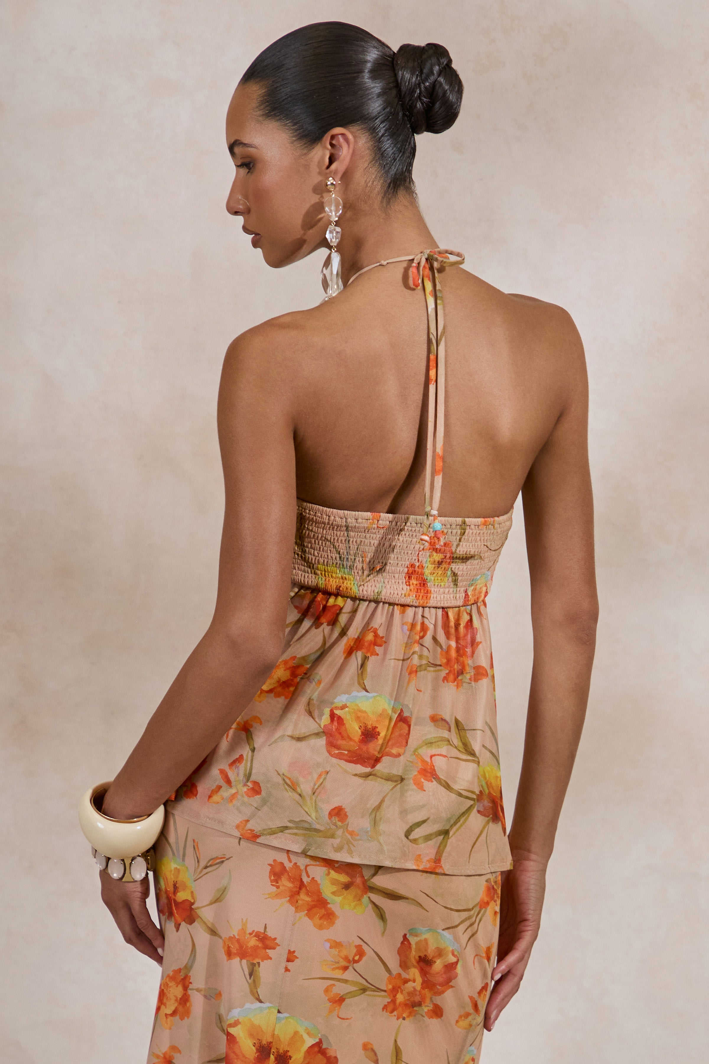 Flaviah | Orange Floral Print Mesh Halter-Neck Top