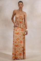 Flaviah | Orange Floral Print Mesh Maxi Skirt