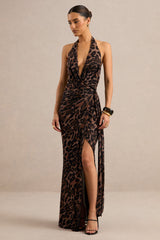 Anwen | Leopard Print Mesh V-Neck Maxi Dress With Front High Split