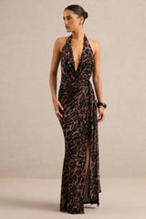 Anwen | Leopard Print Mesh V-Neck Maxi Dress With Front High Split