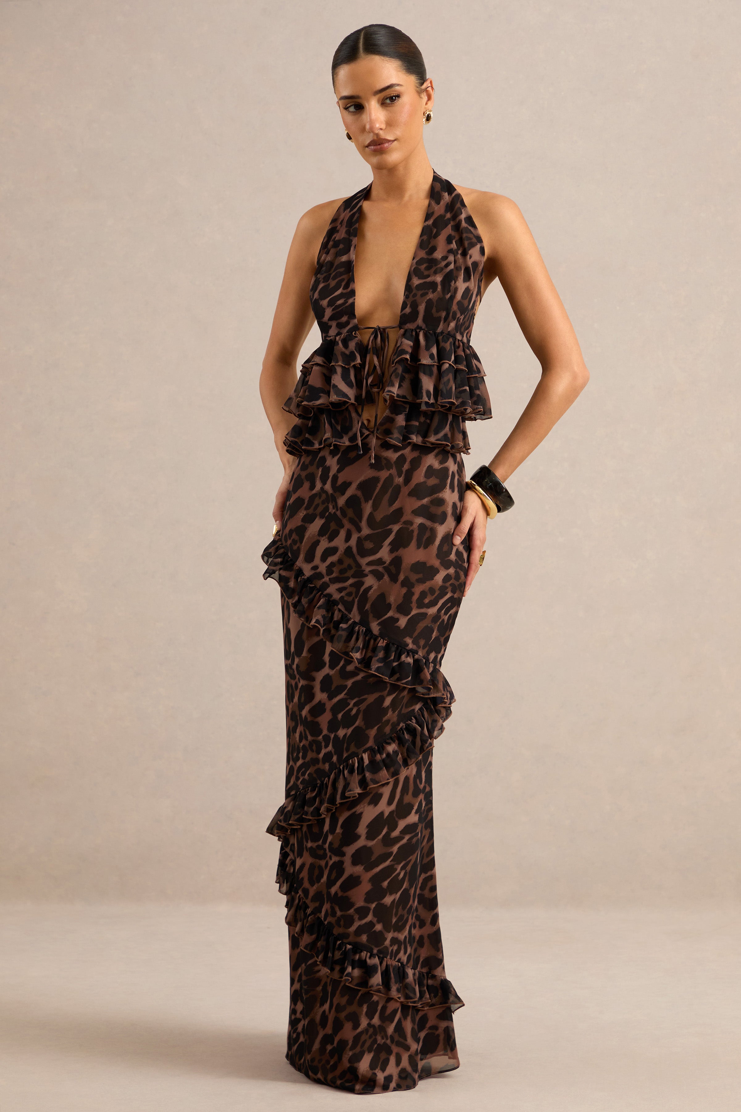 Auriel | Leopard Print Mesh Maxi Skirt With Ruffled Detailing