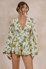 Caron | White And Green Floral Broderie Plunge-Neck Romper