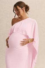 Cicely | Light Pink Asymmetric-Neck Maternity Maxi Dress With Cape Sleeve