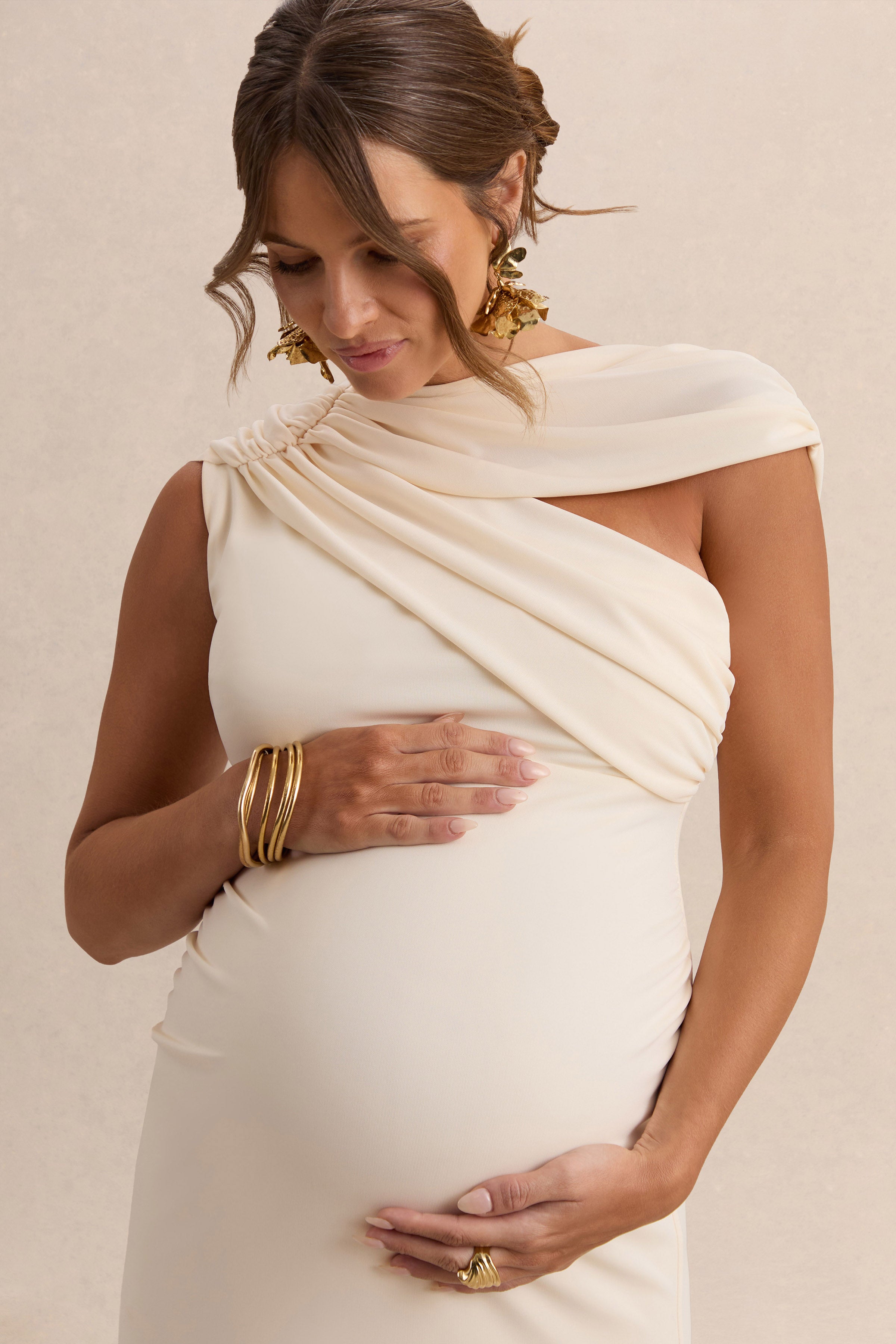 Eulalia | Cream Asymmetric-Neck Maternity Maxi Dress With Cape Detail