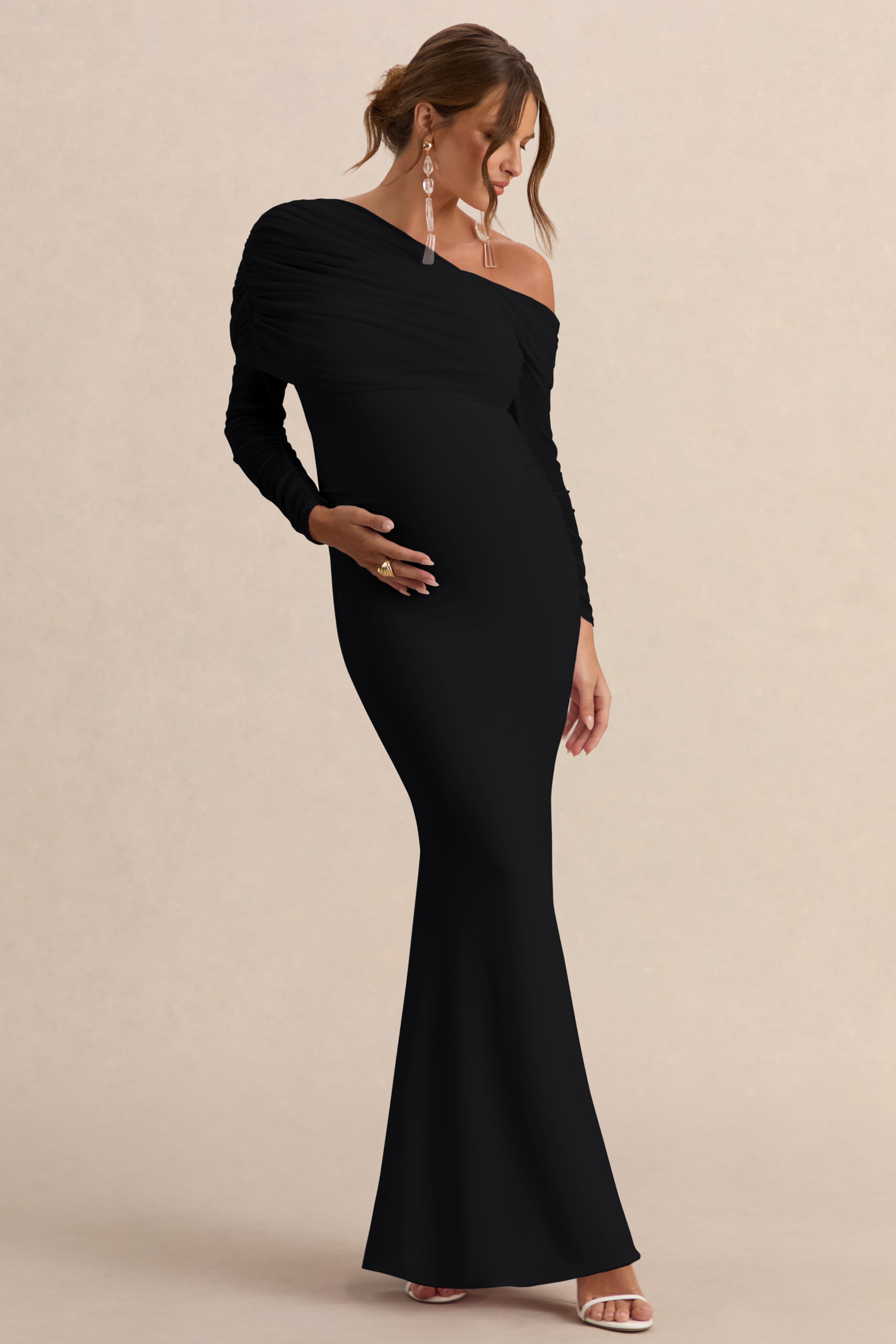 Ianthe | Black Asymmetric-Neck Maternity Maxi Dress With Mesh Long Sleeves