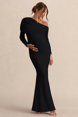 Ianthe | Black Asymmetric-Neck Maternity Maxi Dress With Mesh Long Sleeves