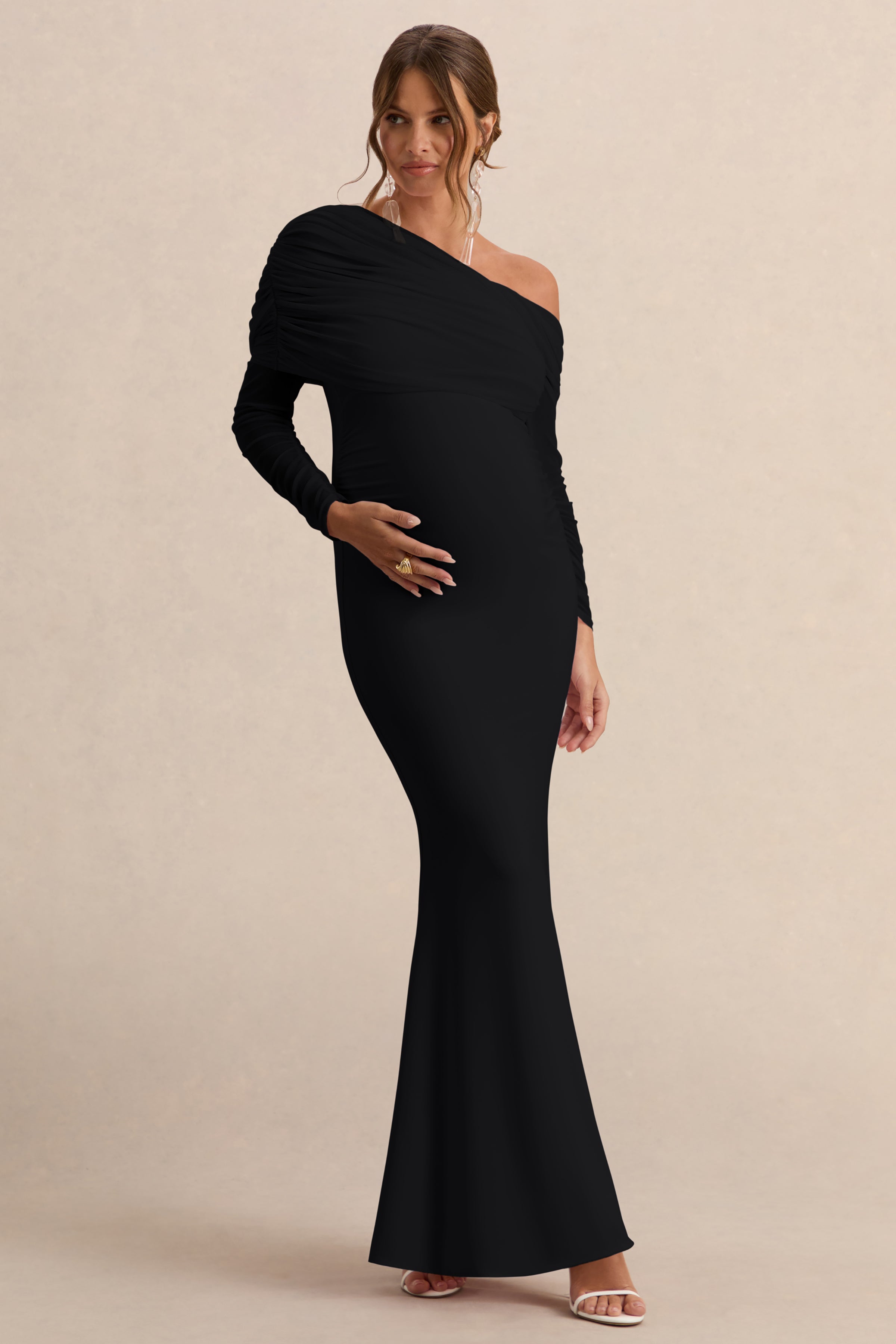 Ianthe | Black Asymmetric-Neck Maternity Maxi Dress With Mesh Long Sleeves