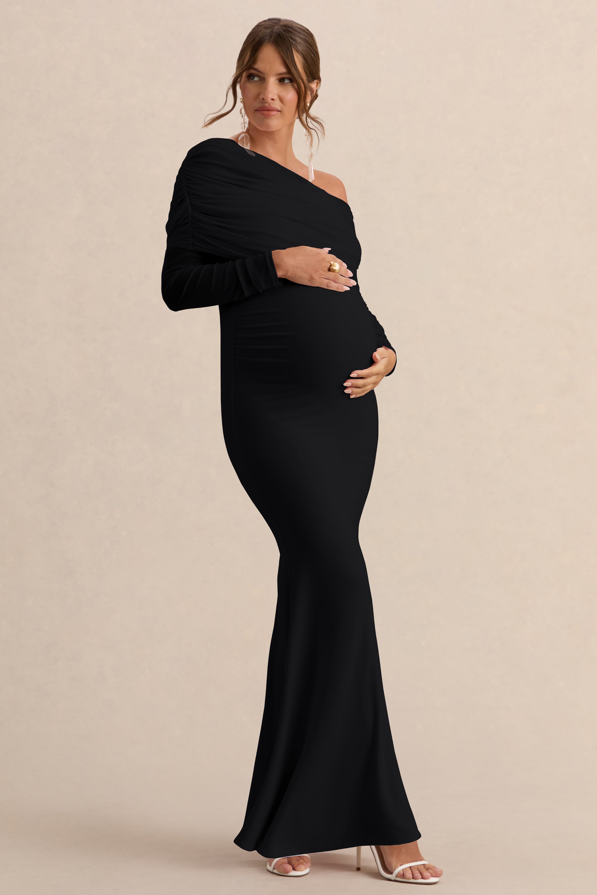 Ianthe | Black Asymmetric-Neck Maternity Maxi Dress With Mesh Long Sleeves