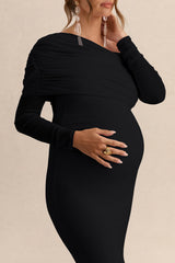 Ianthe | Black Asymmetric-Neck Maternity Maxi Dress With Mesh Long Sleeves