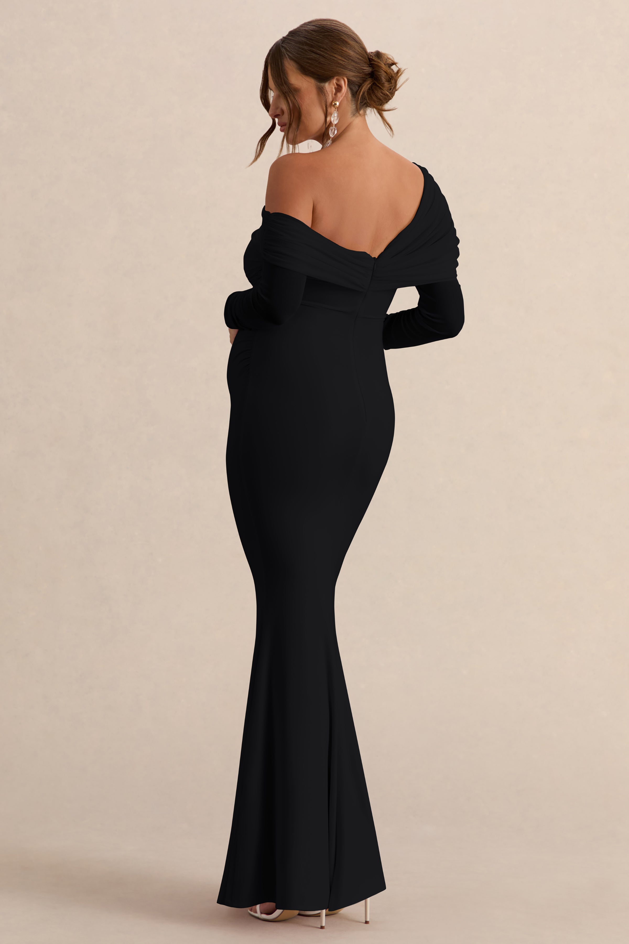 Ianthe | Black Asymmetric-Neck Maternity Maxi Dress With Mesh Long Sleeves