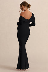 Ianthe | Black Asymmetric-Neck Maternity Maxi Dress With Mesh Long Sleeves