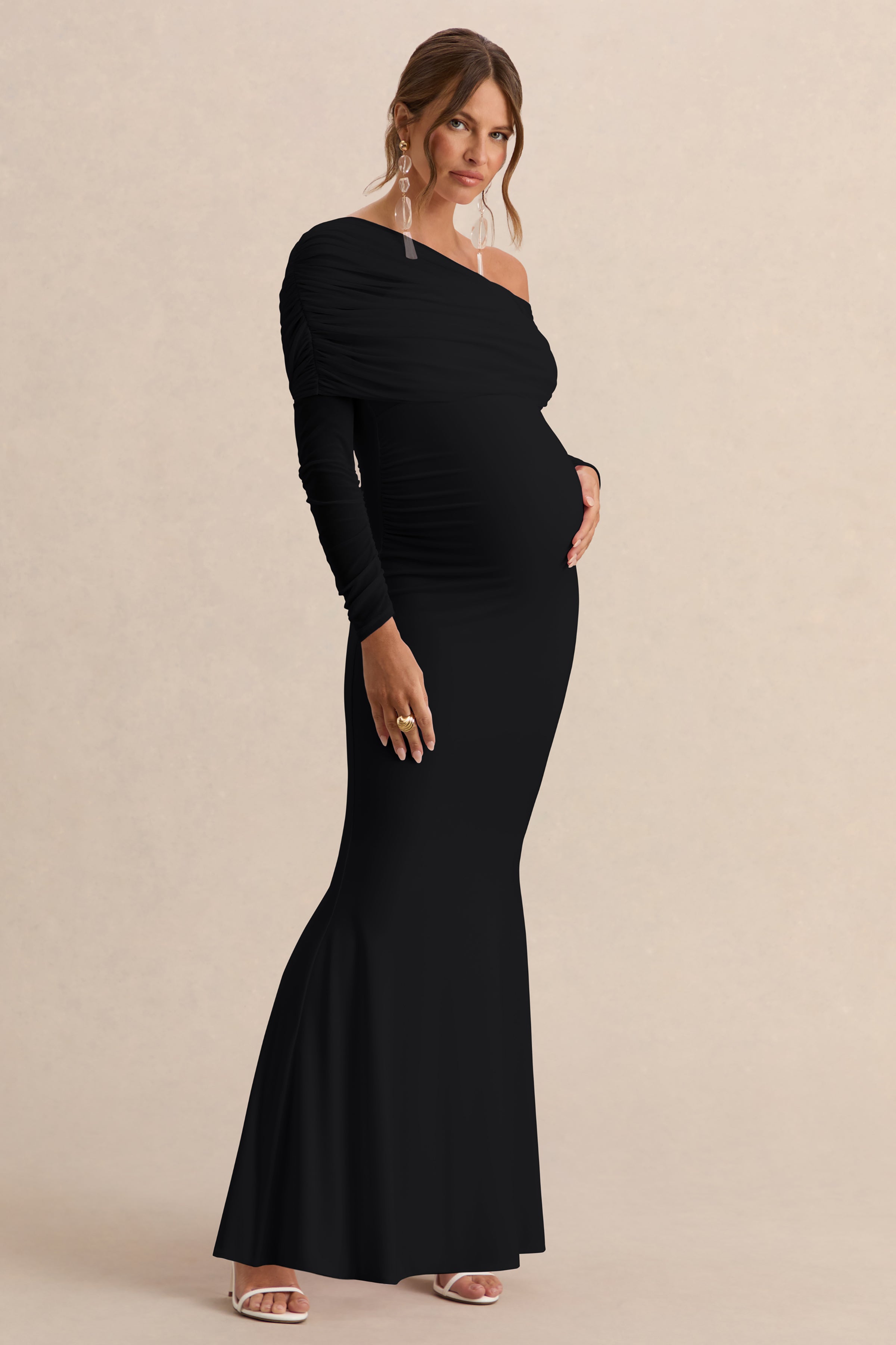 Ianthe | Black Asymmetric-Neck Maternity Maxi Dress With Mesh Long Sleeves