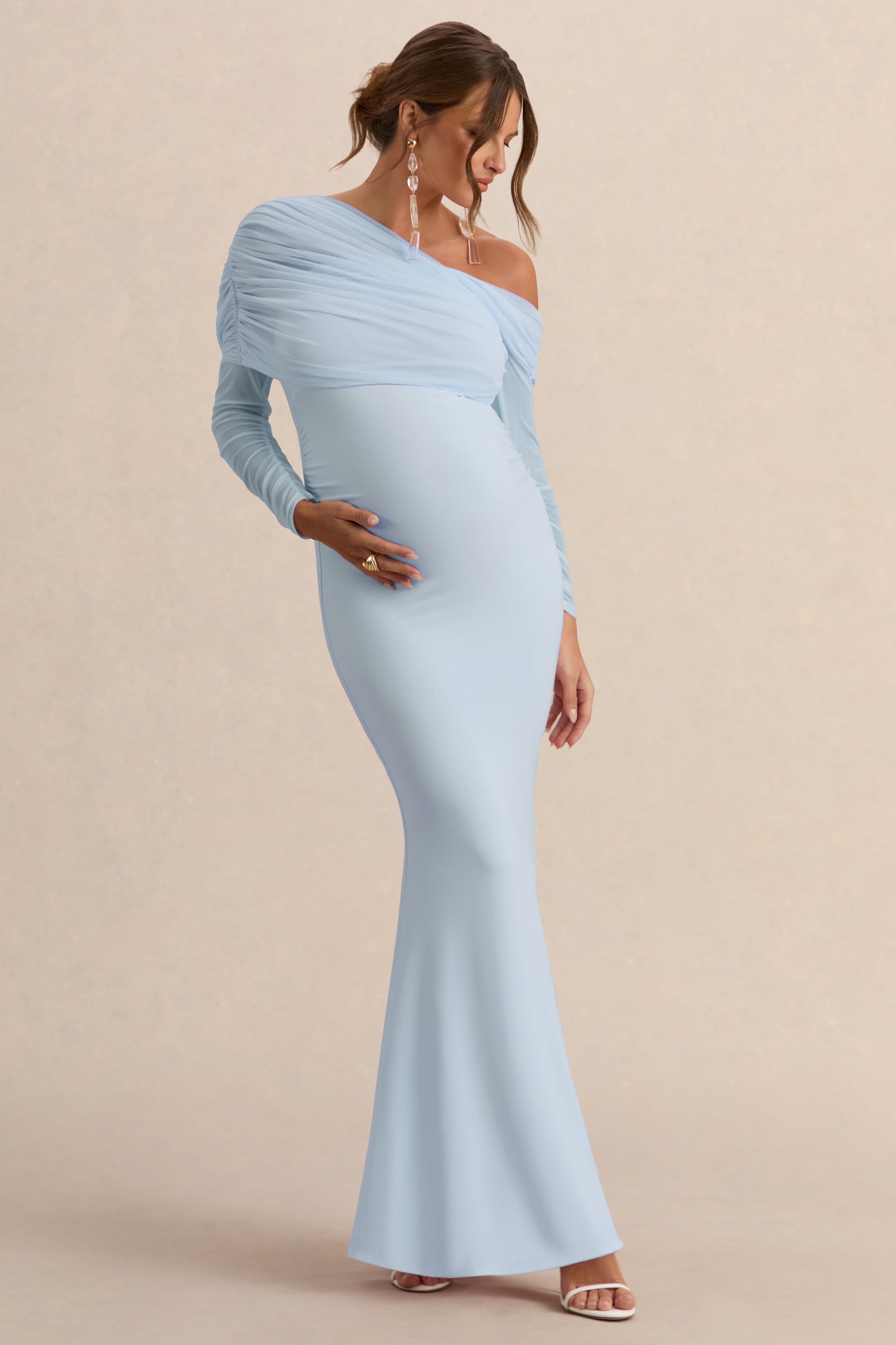 Ianthe | Light Blue Asymmetric-Neck Maternity Maxi Dress With Mesh Long Sleeves