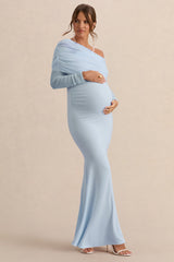 Ianthe | Light Blue Asymmetric-Neck Maternity Maxi Dress With Mesh Long Sleeves