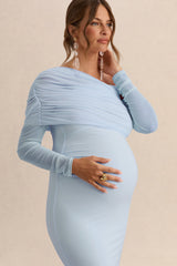 Ianthe | Light Blue Asymmetric-Neck Maternity Maxi Dress With Mesh Long Sleeves