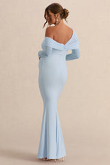 Ianthe | Light Blue Asymmetric-Neck Maternity Maxi Dress With Mesh Long Sleeves