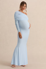 Ianthe | Light Blue Asymmetric-Neck Maternity Maxi Dress With Mesh Long Sleeves