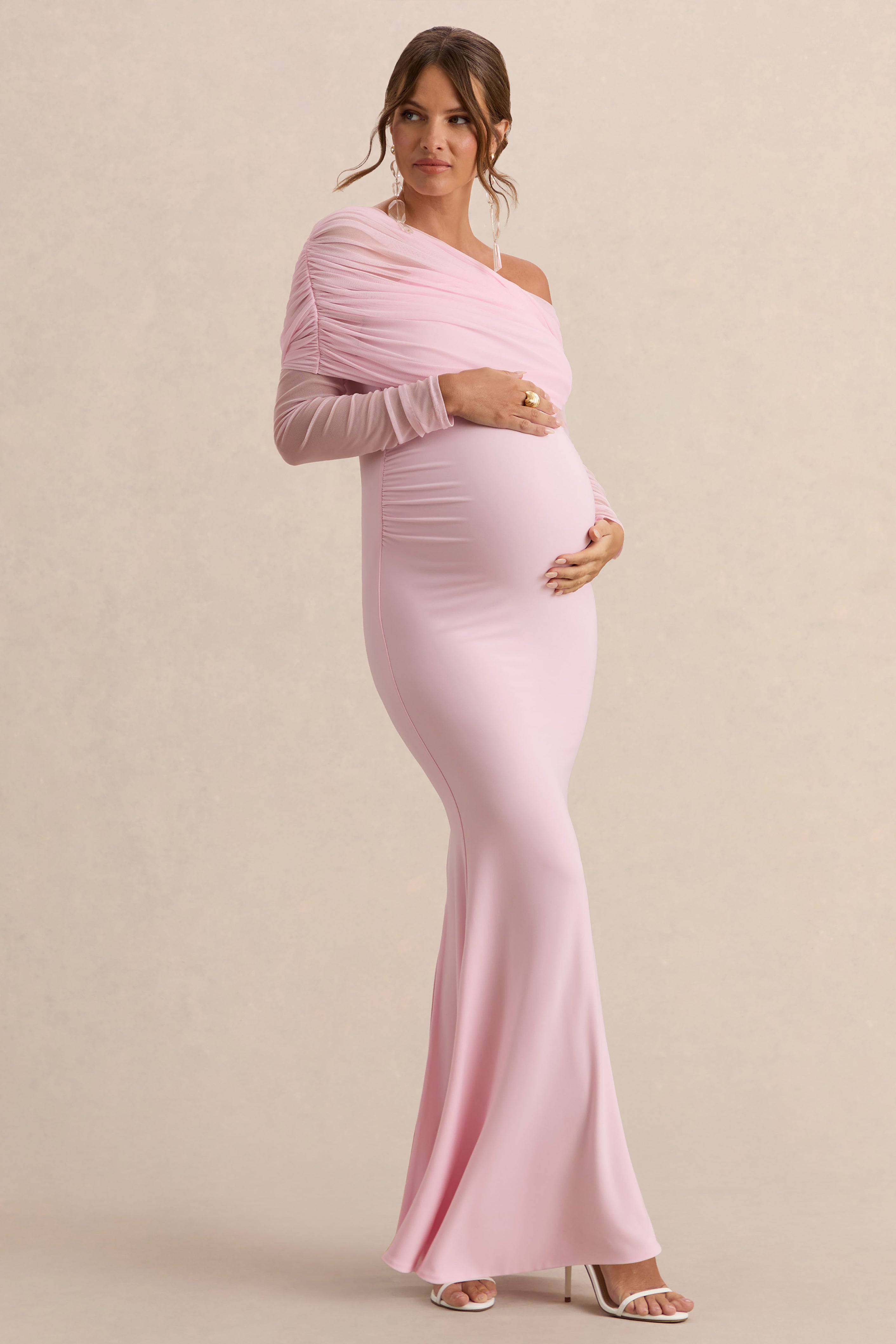 Ianthe | Light Pink Asymmetric-Neck Maternity Maxi Dress With Mesh Long Sleeves