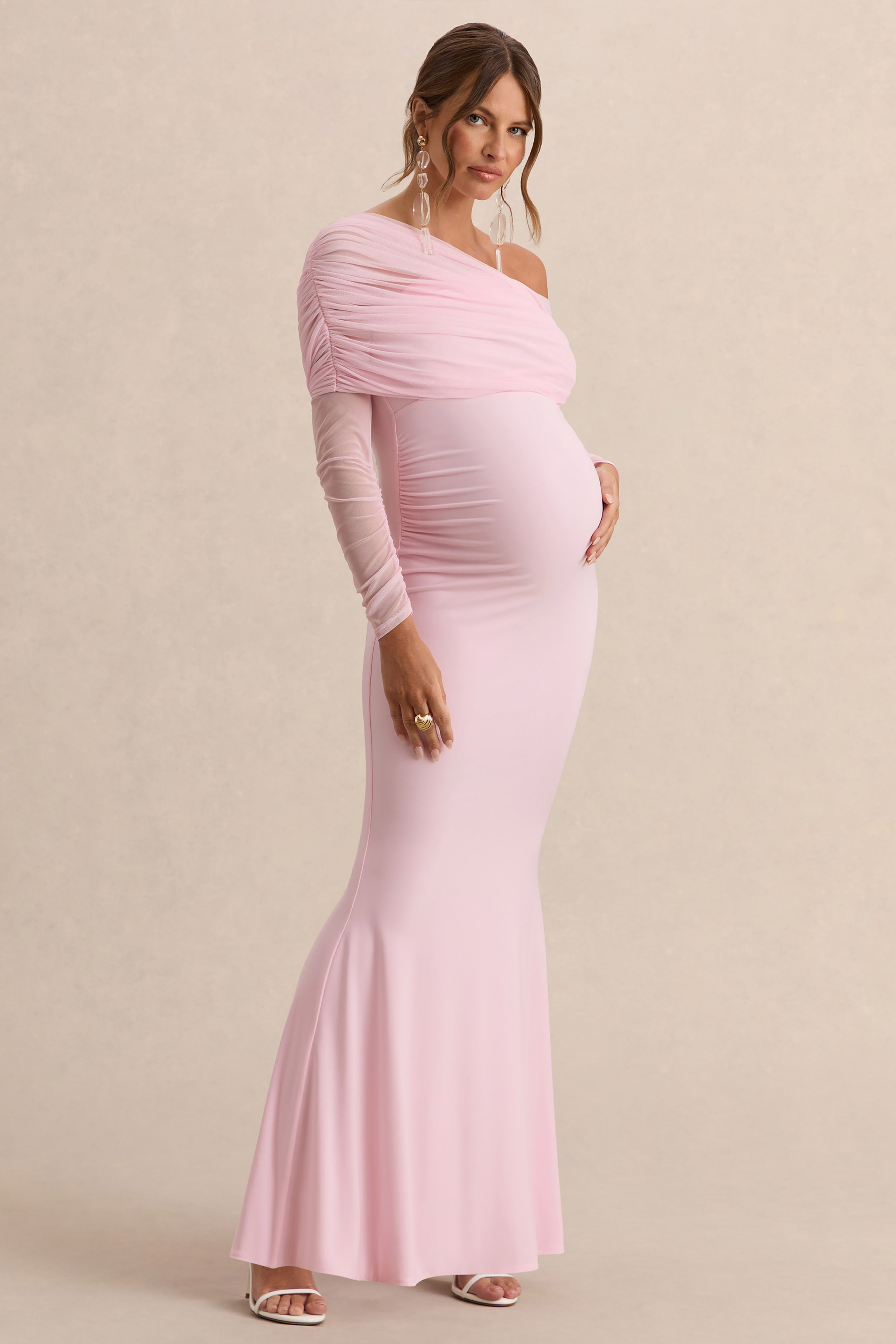 Ianthe | Light Pink Asymmetric-Neck Maternity Maxi Dress With Mesh Long Sleeves
