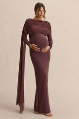 Annelia | Dark Brown High-Neck Maternity Maxi Dress With Sash Detail