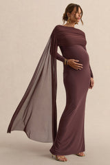 Annelia | Dark Brown High-Neck Maternity Maxi Dress With Sash Detail