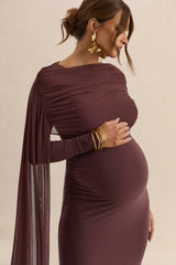 Annelia | Dark Brown High-Neck Maternity Maxi Dress With Sash Detail