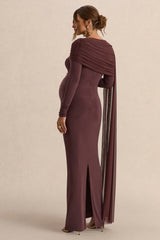 Annelia | Dark Brown High-Neck Maternity Maxi Dress With Sash Detail
