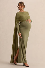 Annelia | Olive High-Neck Maternity Maxi Dress With Sash Detail