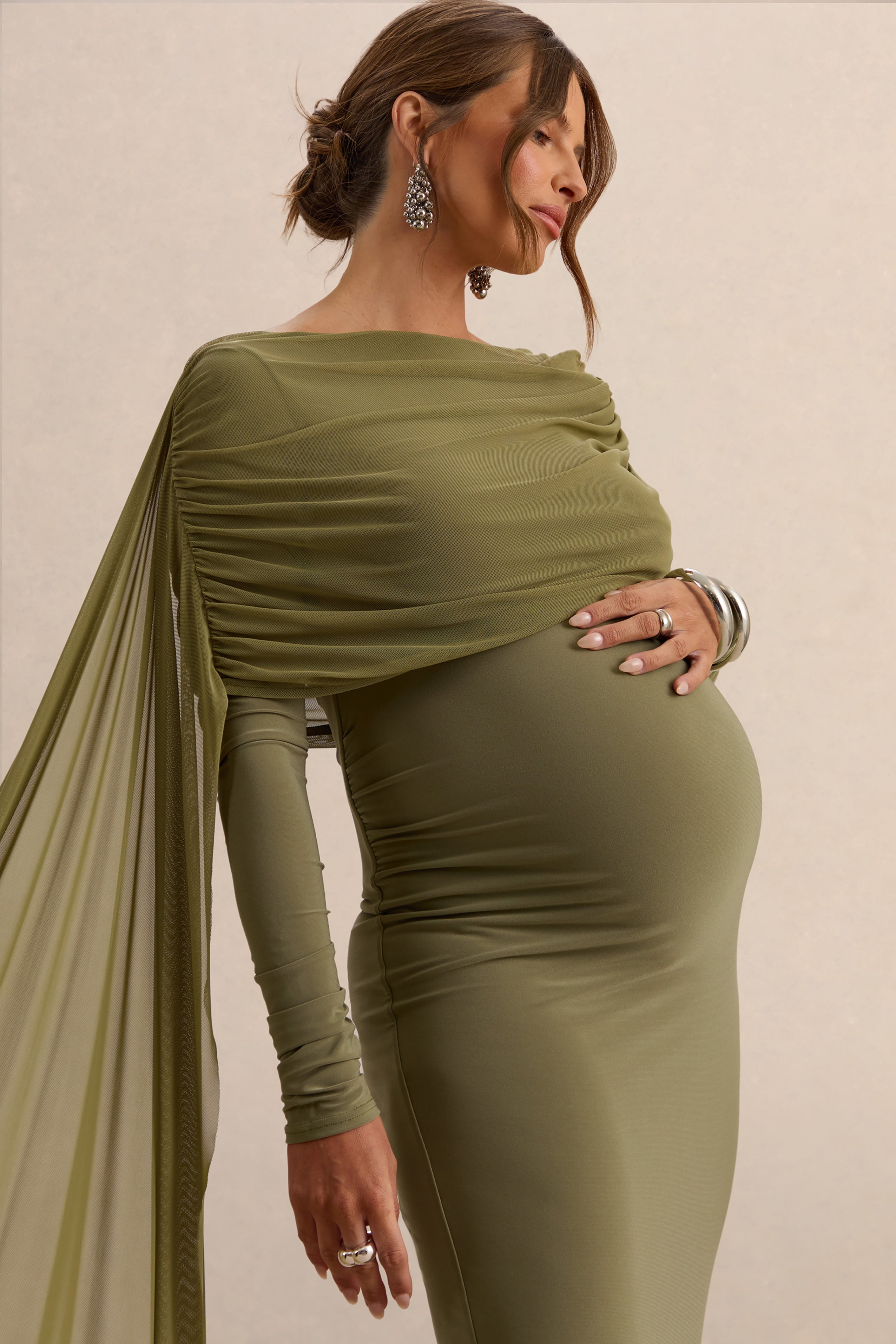 Annelia | Olive High-Neck Maternity Maxi Dress With Sash Detail