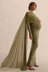 Annelia | Olive High-Neck Maternity Maxi Dress With Sash Detail