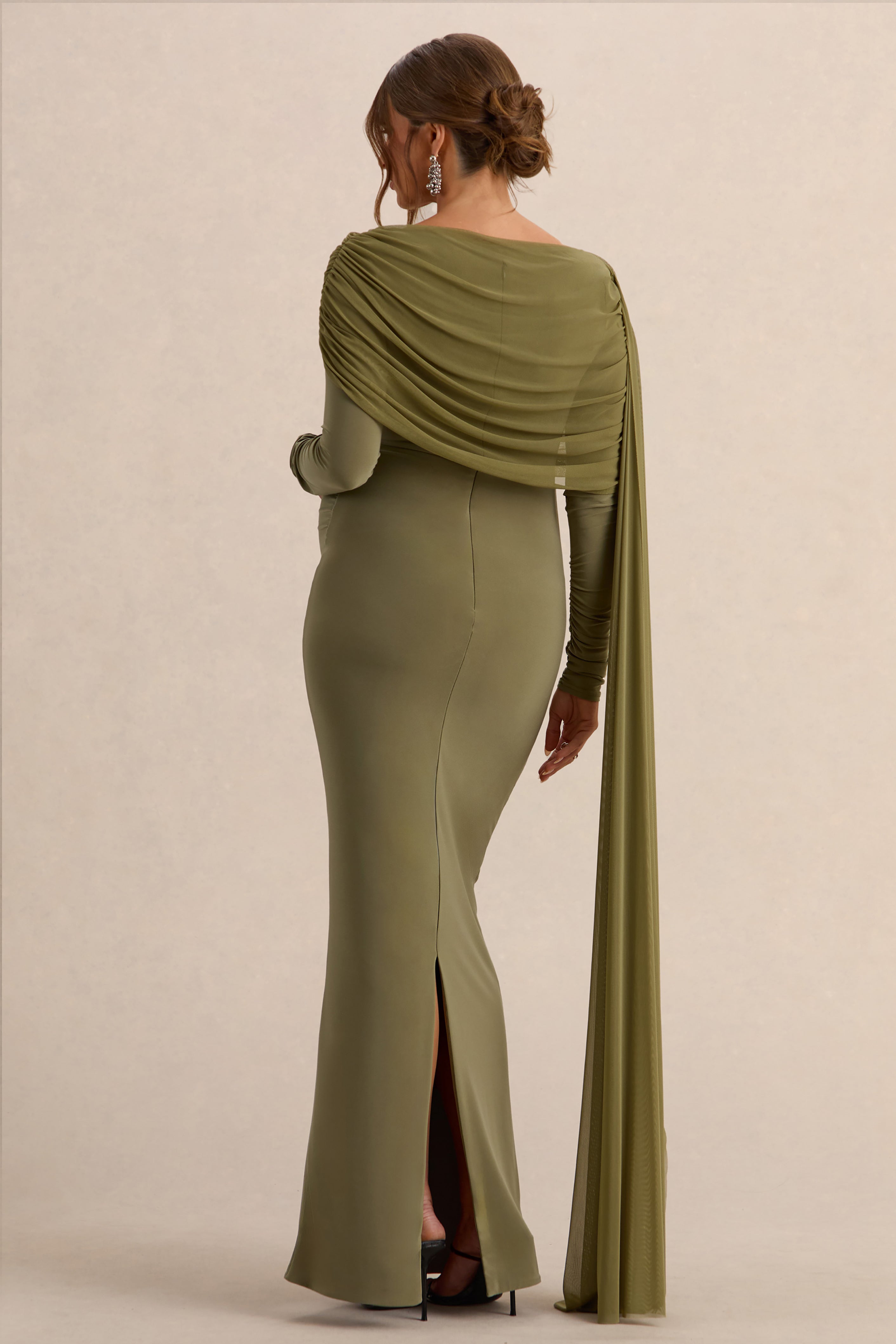 Annelia | Olive High-Neck Maternity Maxi Dress With Sash Detail
