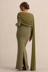 Annelia | Olive High-Neck Maternity Maxi Dress With Sash Detail